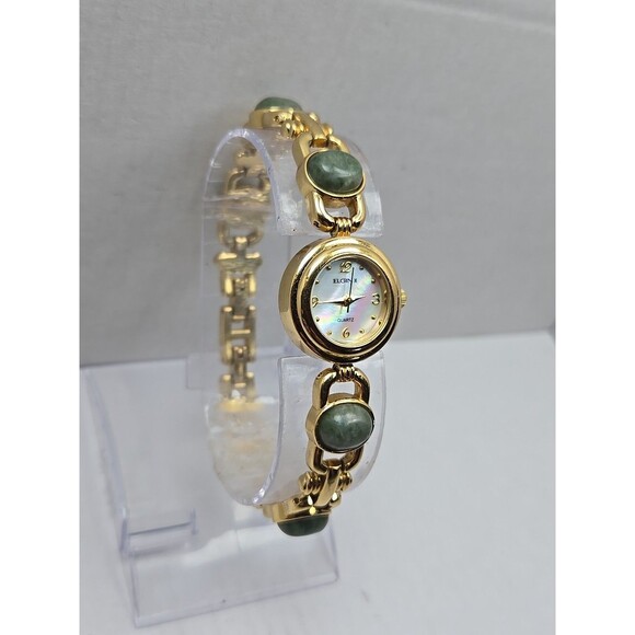 Elgin II Womens Gold Tone Jade Color Bracelet Watch MOP Dial Quartz New Battery - Picture 3 of 10